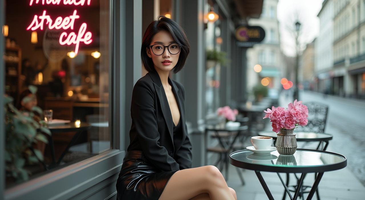 AI generated image by FLUX.1-pro: fotorealistic, 4k: a beautiful asian woman with short black hair in sidecut hairstyle, she is 30 years old, she has dark eyeshadows, she is wearing glasses with thin black frame, she is wearing a closed black blazer, nothing underneath, a black leather mini skirt and black pumps, she sitting on a glasstable beside the window display of a luxury street cafe in munich, gray interieur and glasstables, a pink flower on her table in a glasscan, a cup of coffee standing in front of her, neon advertising on the wall, text: "Munich street cafe". ultradetailed