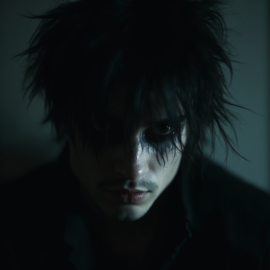AI generated image by FLUX-Realism-Lora: Mysterious darkwave/postpunk male portrait, face partially obscured or in shadow, medium-length wild black hair, edgy postpunk hairstyle, dark eye makeup, intense moody expression, wearing black clothing, atmospheric lighting with deep shadows and subtle highlights, cinematic and stylish, high-detail, perfect for a social media profile, edgy and cool aesthetic.