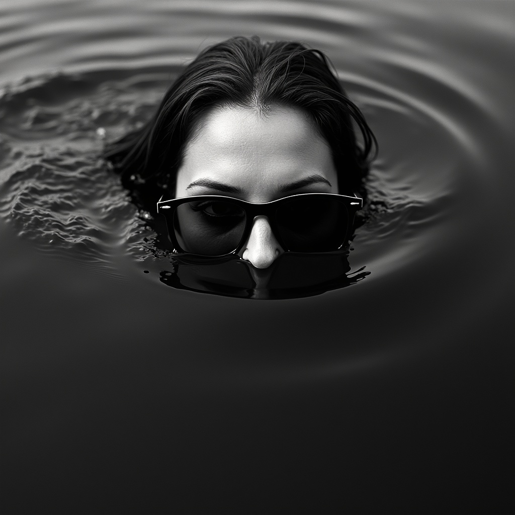 AI generated image by FLUX.1-image-to-image: A black and white photo of a woman's head just above dark water, sunglasses partially submerged. The camera is low, parallel to the water