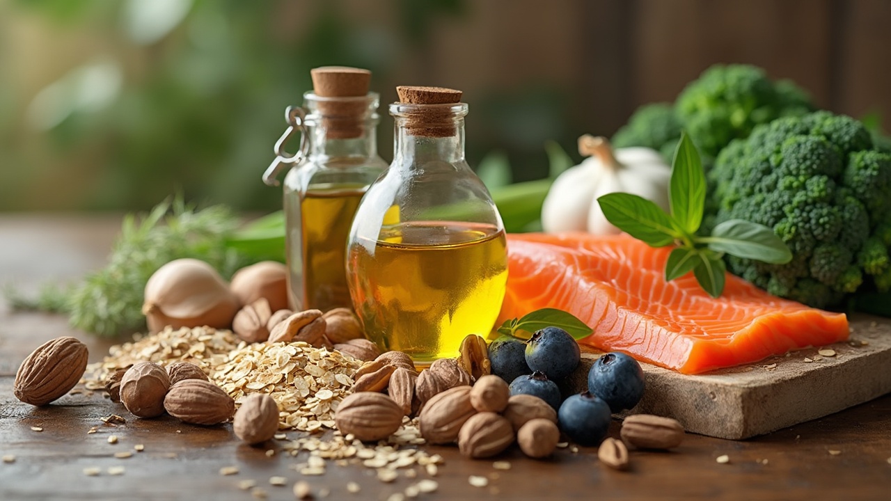 AI generated image by FLUX-Realism-Lora: Super realistic image from the front, detaching the number "10 super Alimentos", being surrounded by olive oil inside small glass, various nuts, salmon meat, oats, broccoli, blueberries, garlic, yougurte, spinach, beans.