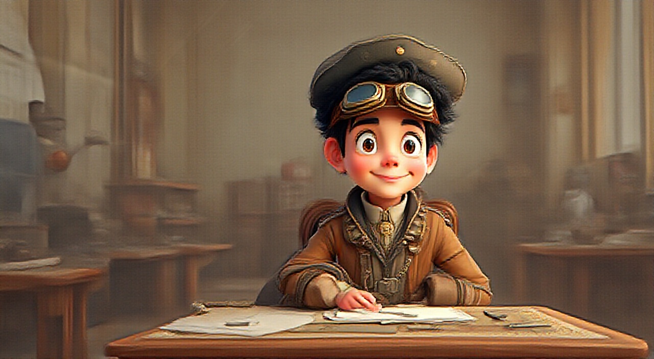 AI generated image by FLUX.1-pro: "A cheerful young boy with short black hair and bright eyes wears a traditional Ottoman-inspired pilot uniform with historic Turkish details, including a brown pilot's hat and goggles. The boy writes on paper at an early 20th-century Ottoman aviation school desk, The atmosphere is hopeful and inspiring." cartoon, 3D