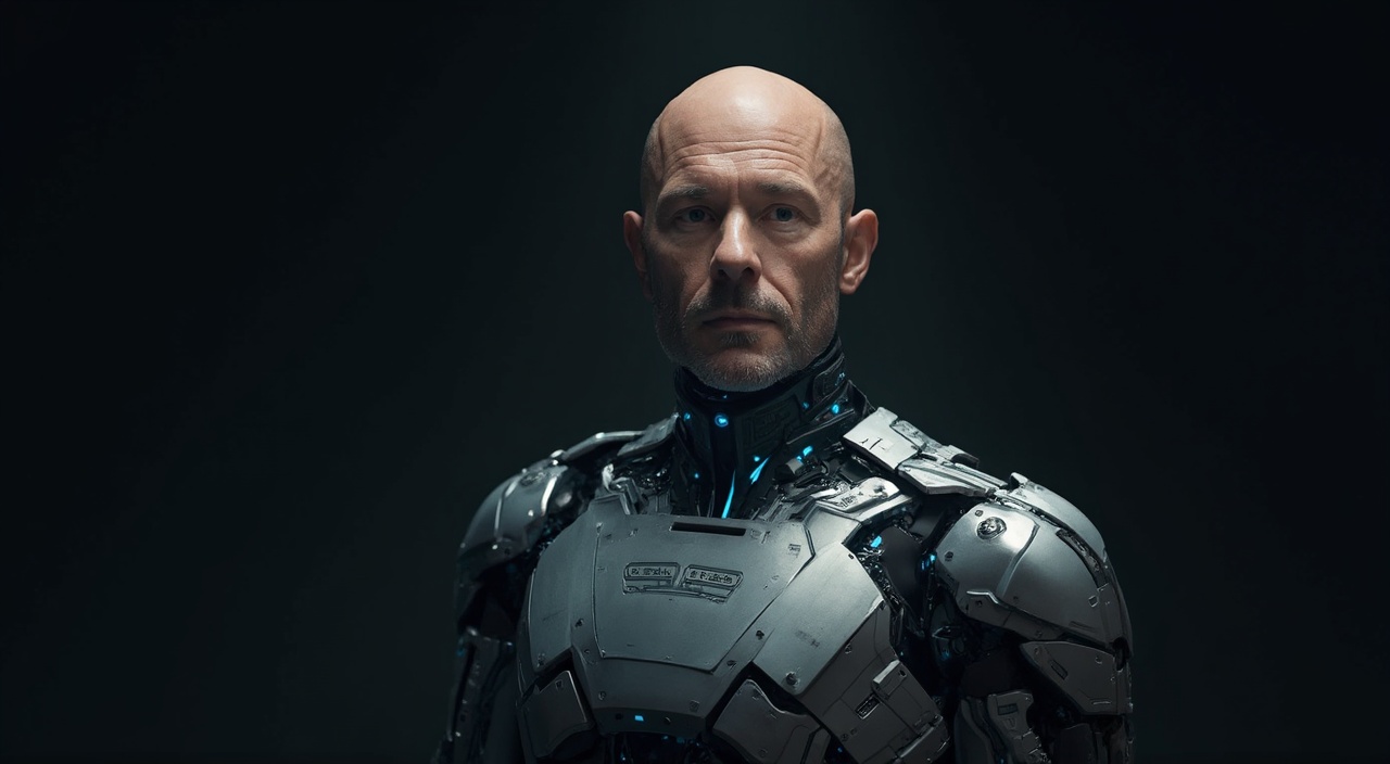 AI generated image by FLUX-Realism-Lora: A photorealistic sci-fi portrait of a starship captain with a humanoid robotic body and the exact head from the provided image. The captain's face is highly detailed, preserving natural skin texture, realistic lighting, and subtle facial expressions. His head is seamlessly integrated onto a futuristic android body, made of a sleek metallic exoskeleton with high-tech joints, glowing blue circuits, and mechanical plating. The robotic body has a strong, commanding posture, with shoulders broad and a chest panel featuring subtle engraved insignia of a galactic fleet. He should be staying front 

The captain is standing on the dark background .

The composition is highly cinematic, with sharp details, dramatic contrast, and a sense of leadership and authority. The captain’s uniform integrates both robotic plating and subtle fabric elements, making it a hybrid of advanced machinery and human design. The overall mood is epic and powerful, capturing the essence of a legendary space commander.

The final image should be ultra-realistic, highly detailed, and immersive, ensuring the perfect fusion of human and machine in a cutting-edge sci-fi universe
