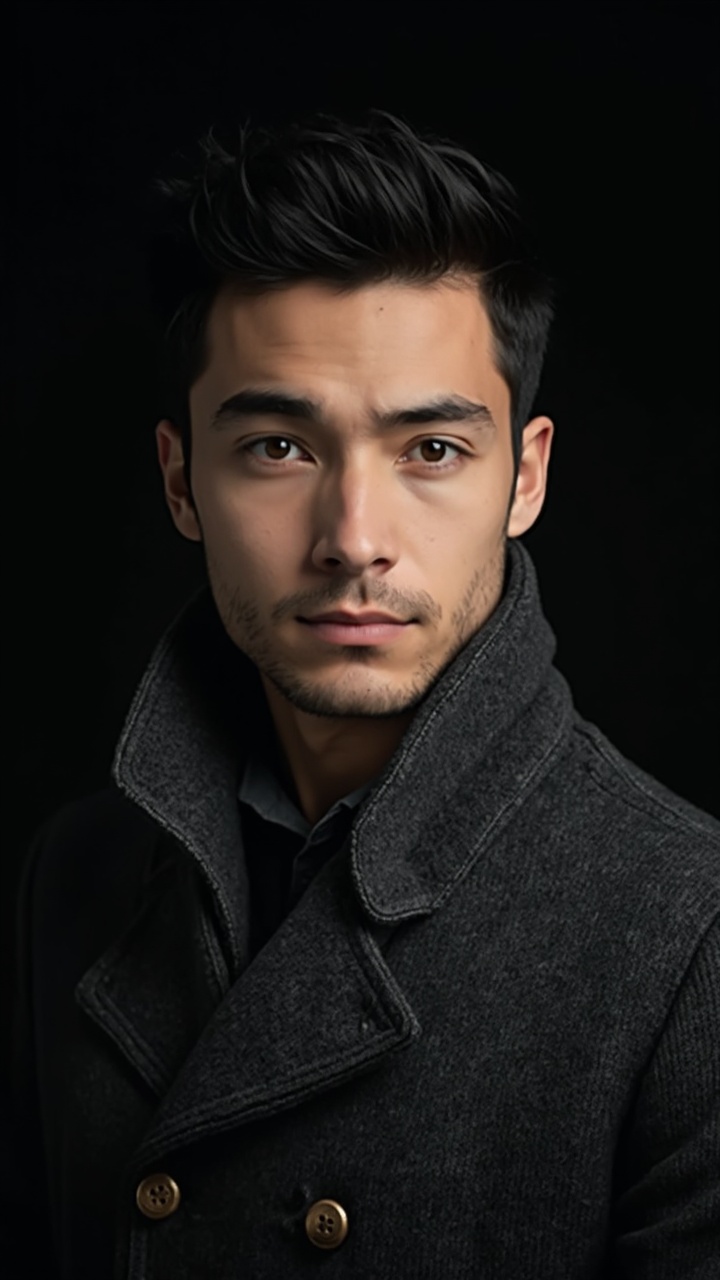 AI generated image by FLUX-Realism-Lora: Super Realism, Headshot of handsome young man, wearing dark gray sweater with buttons and big shawl collar, black hair  serious look on his face, black background, soft studio lighting, portrait photography --ar 85:128 --v 6.0 --