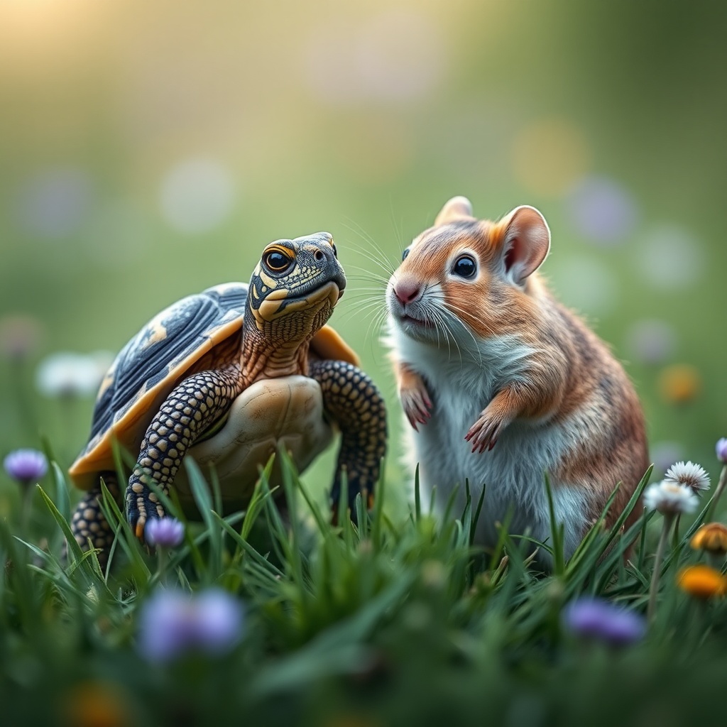 AI generated image by FLUX.1-schnell: best friends turtle and gerbil standing in a meadow