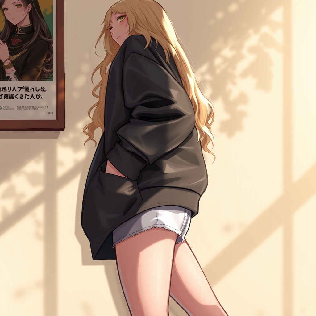 AI generated image by FLUX.1-schnell: WM,(masterpiece, best quality),1girl,(oversized leather jacket),navel,thick thighs,shorts,((intricate, leaning against the wall, dappled sunlight, poster)),long hair,upper body,wavy hair,blonde,hand in pocket,head tilt,wide hips,