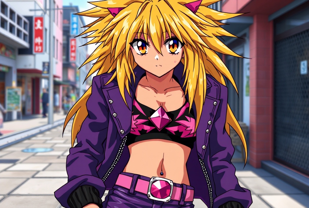 AI generated image by FLUX.1-schnell: takahiro kimura retro anime art, as gaogaigar character, 1997 anime style tv show screencap screenshot, golden orange eyes, big cartoonish eyes, golden yellow fallen grungy messy hair, big lionhair style, long messy spiky hair fringe bangs, tanned skin, purple black leather jacket, purple black leather pants, studded pink belt, black sport bra with pink and white designs, fit attractive femenine body with few muscular abs, woman, pink gem navel piercing, big breast, street background, better shaders