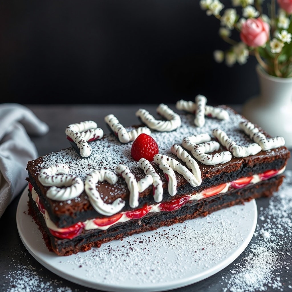 AI generated image by FLUX.1-schnell: black forest gateau cake spelling out the words "FLUX SCHNELL", tasty, food photography, dynamic shot