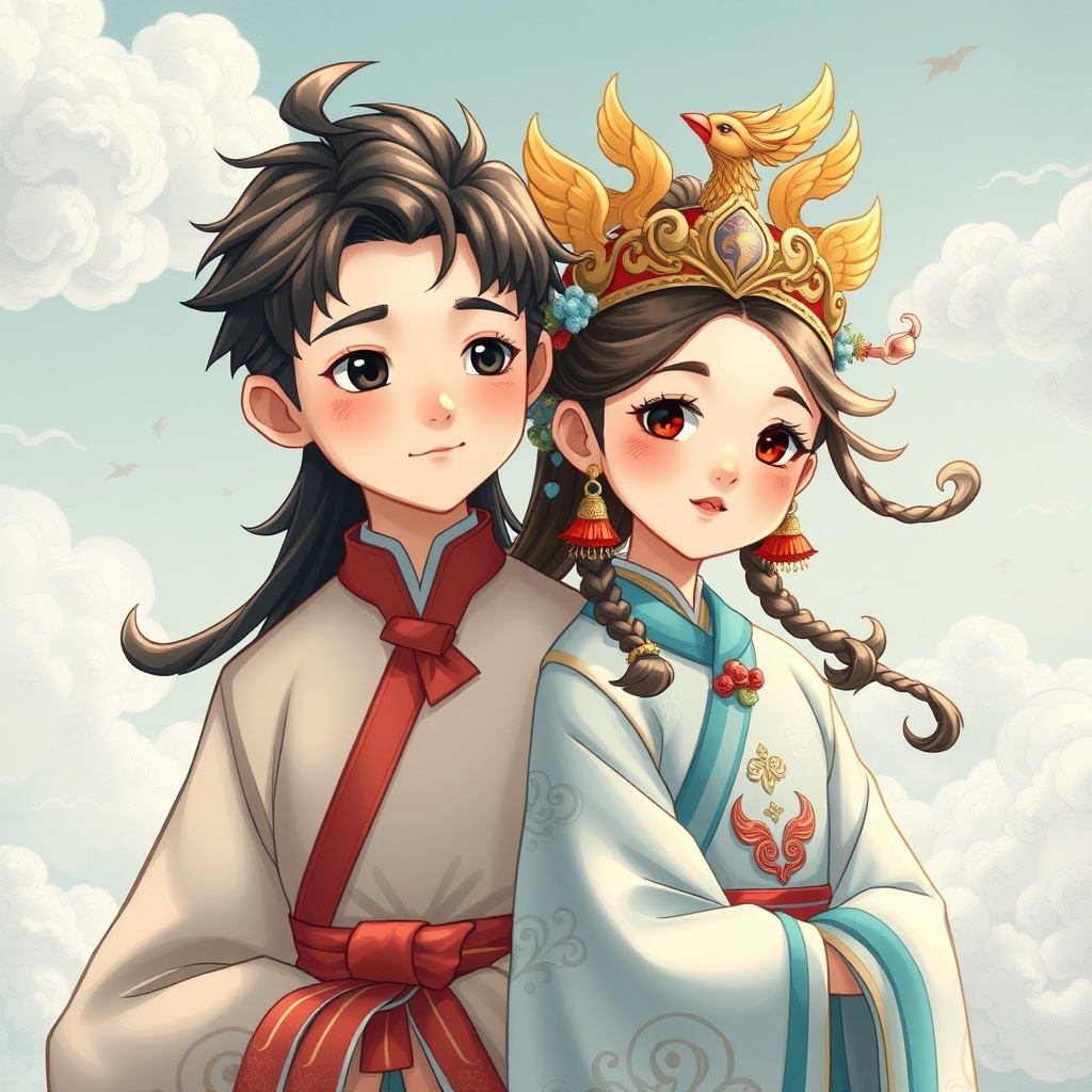 AI generated image by FLUX.1-schnell:
A young couple in Chinese style, Long hair for boys,Phoenix crown and flowing clouds for girl, good resolution, art style by Raymond Briggs,