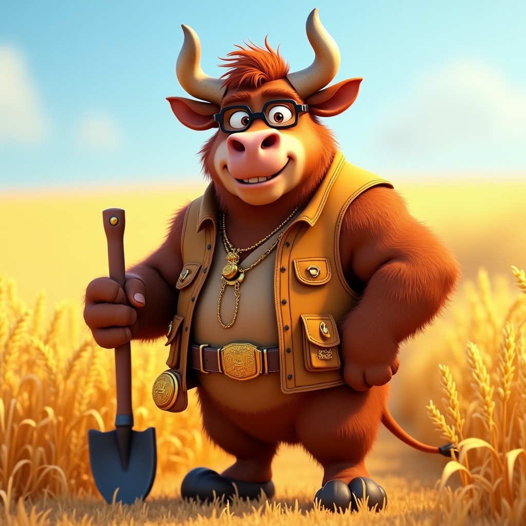 AI generated image by FLUX.1: A Pixar-style cartoon character named Pete the Ox, a strong and confident ox with a muscular build and a youthful middle-aged vibe, standing tall with an optimistic grin, exuding bravery and determination. His fur is warm brown with subtle highlights, eyes sparkling with ambition, wearing black-rimmed glasses for a mature look. He wears a practical yet stylish work vest made of golden-brown leather, embroidered with gold coin patterns, pockets trimmed with gold thread, a gold-buckled belt around the waist with a coin-filled pouch hanging, and gold rings decorating his horns. He holds a shovel in a dynamic pose, symbolizing hard work and wealth pursuit. Set against a backdrop of a golden wheat field under bright sunlight with shimmering wheat, clear sky, vibrant colors, detailed textures, cinematic lighting, avoiding overly childish features.