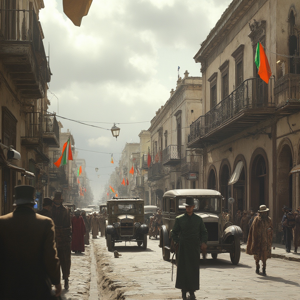 AI generated image by FLUX-Realism-Lora: "A historical scene set in Bolivia in the year 1931. The image shows a street in La Paz with colonial and republican-style architecture, people wearing period clothing such as wide-brimmed hats, ponchos, and formal suits. Old-fashioned cars are visible, street vendors line the sidewalks, and Bolivian flags wave in the wind. The sky is cloudy, reflecting the tense political climate of the time."