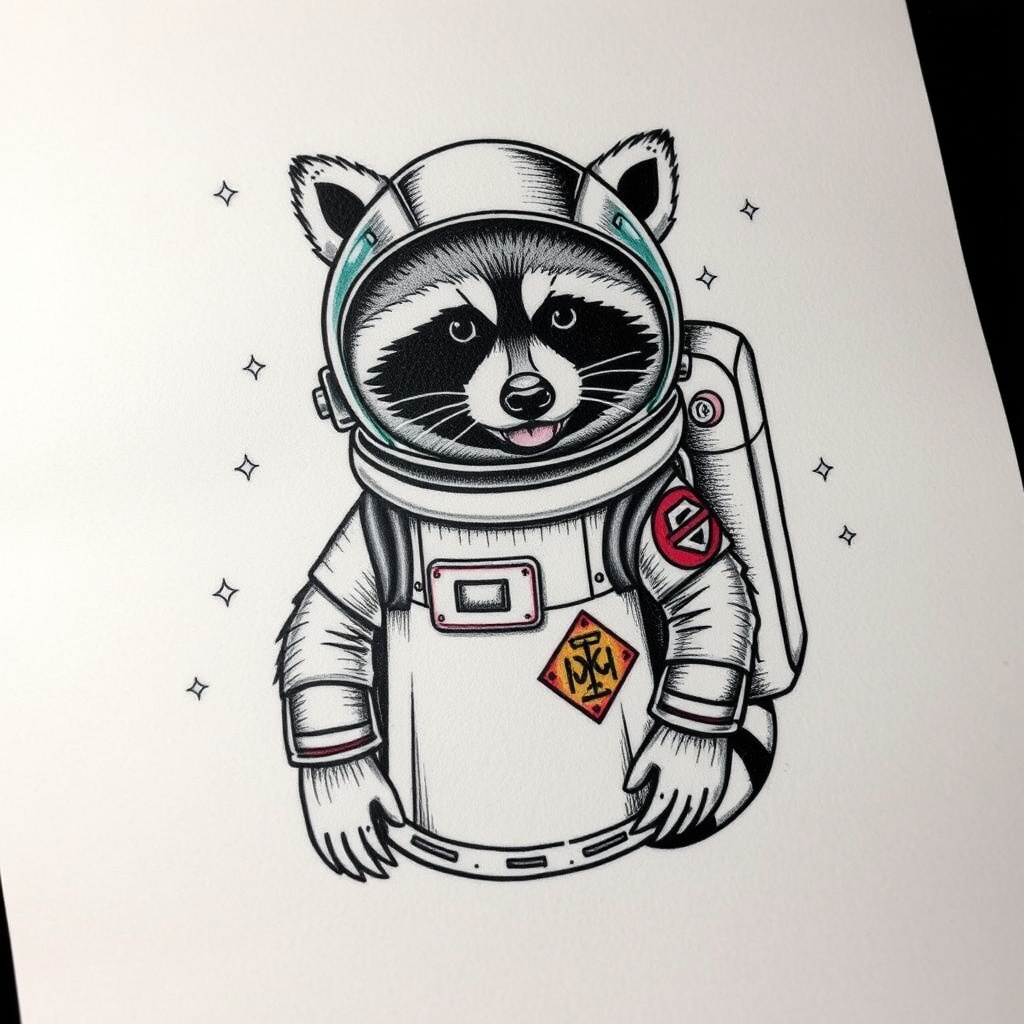 AI generated image by FLUX.1-schnell: Raccoon astronaut, wearing a trashcan as a spacesuit, tattoo style