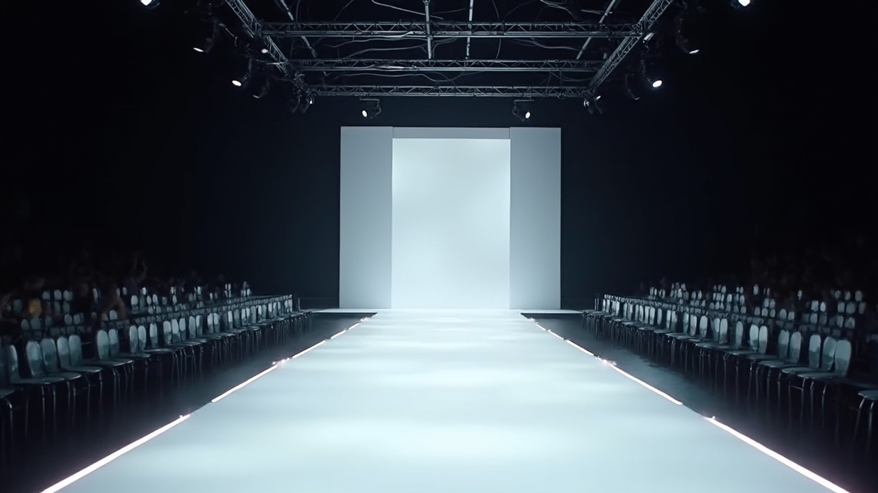 AI generated image by FLUX-Realism-Lora: Create a modern runway scene with an elevated catwalk (30 cm) and LED tape lighting along both sides for a sleek, high-tech look. Position only modern chairs along the sides of the runway, with no people in the scene. Above the runway, add a detailed grid lighting system with spotlights that illuminate the catwalk evenly. At the back of the runway, integrate an LED panel with a clearly defined, centered entrance for models. Set the camera angle to be slightly overhead, capturing the entire scene with an enhanced perspective of the runway and seating arrangement.