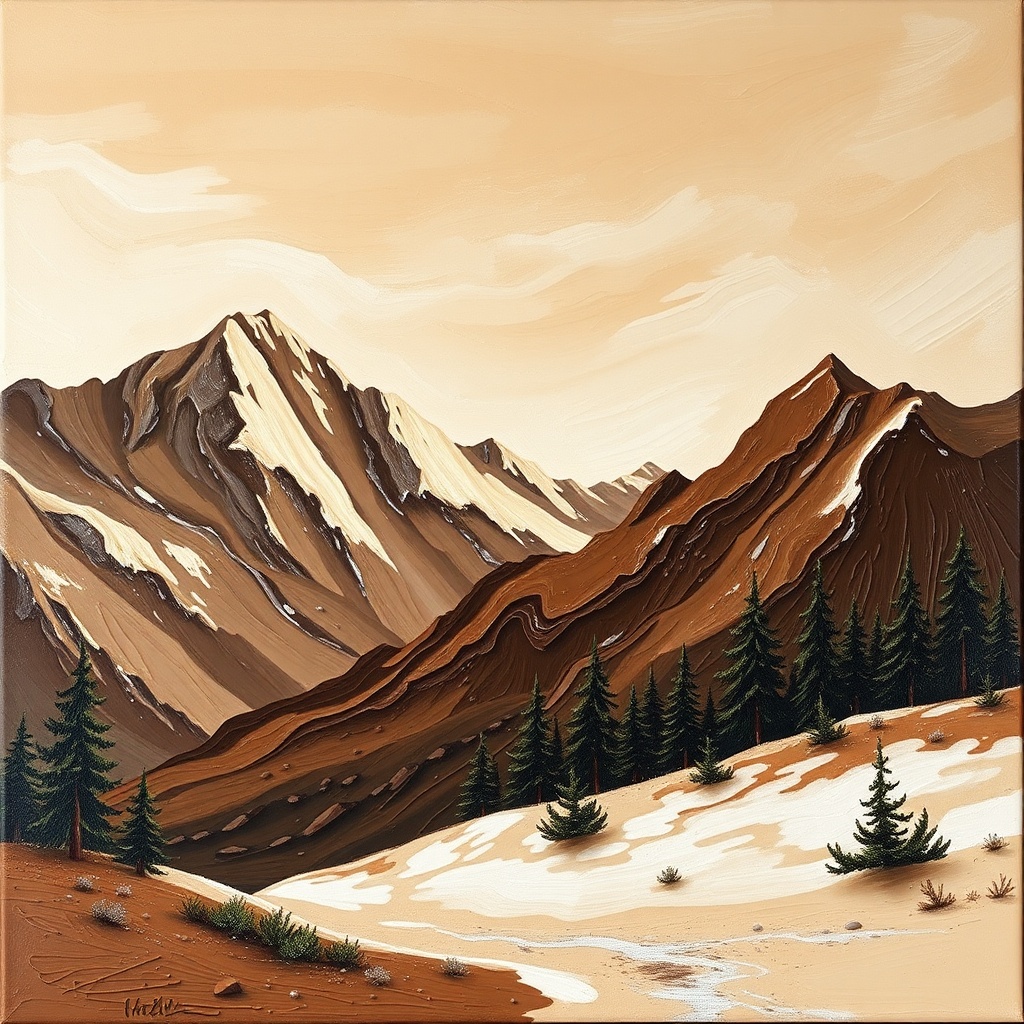 AI generated image by FLUX.1-schnell: Paint an oil picture of mountains with a consistency of chocolate and candy. the other half should be an office 