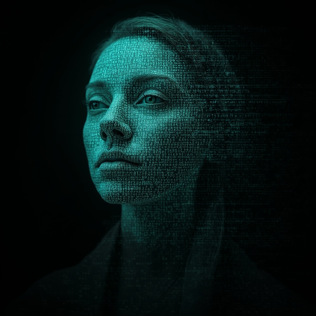 AI generated image by FLUX-Realism-Lora: Emmy Noether's face as a digital mask made from thousands of bright turquoise numbers and formulas forming her face. (she has a round, puffy face is 45 years old and has long hair which is made into a plait) The formulas and numbers fly behind the mask leaving a trail of complexity. The mask is floating dynamically in mid air. Her head is slightly turned to the right but her eyes are looking directly into the camera. The mask is on a black background. Like a png with black only background. Photo realistic, sci-fy