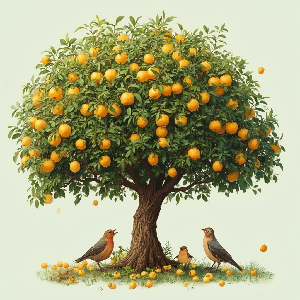AI generated image by FLUX-Realism-Lora: arbol con sus raices,con 5 flores bonitas en el arbol ,que 5 o 6 aves esten a su alrededor,y que tenga 3 parasitos en la parte baja y que tenga 4 o 5 frutos manzanas