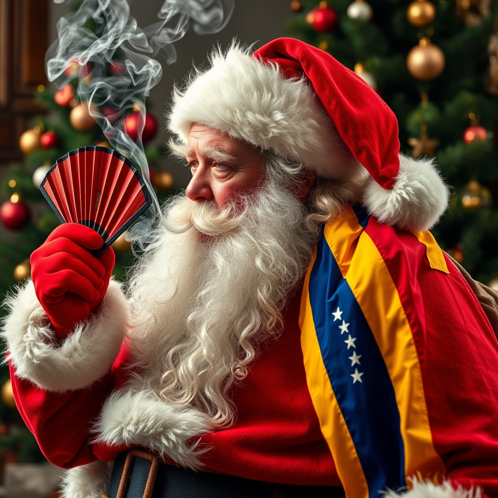 AI generated image by FLUX.1-schnell: 
Santa Claus smoking a Cuban fan, in the background a Christmas tree, the flag of Venezuela is hanging on Santa Claus's back