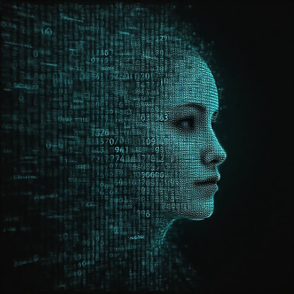 AI generated image by FLUX.1-pro: Emmy Noether's face as a digital mask made from thousands of bright turquoise numbers and formulas forming her face. The formulas and numbers fly behind the mask leaving a trail of complexity. The mask is floating dynamically in mid air. Her head is turned to the right but her eyes are looking directly into the camera. The mask is on a black background. Like a png with black only background. Photo realistic, sci-fy