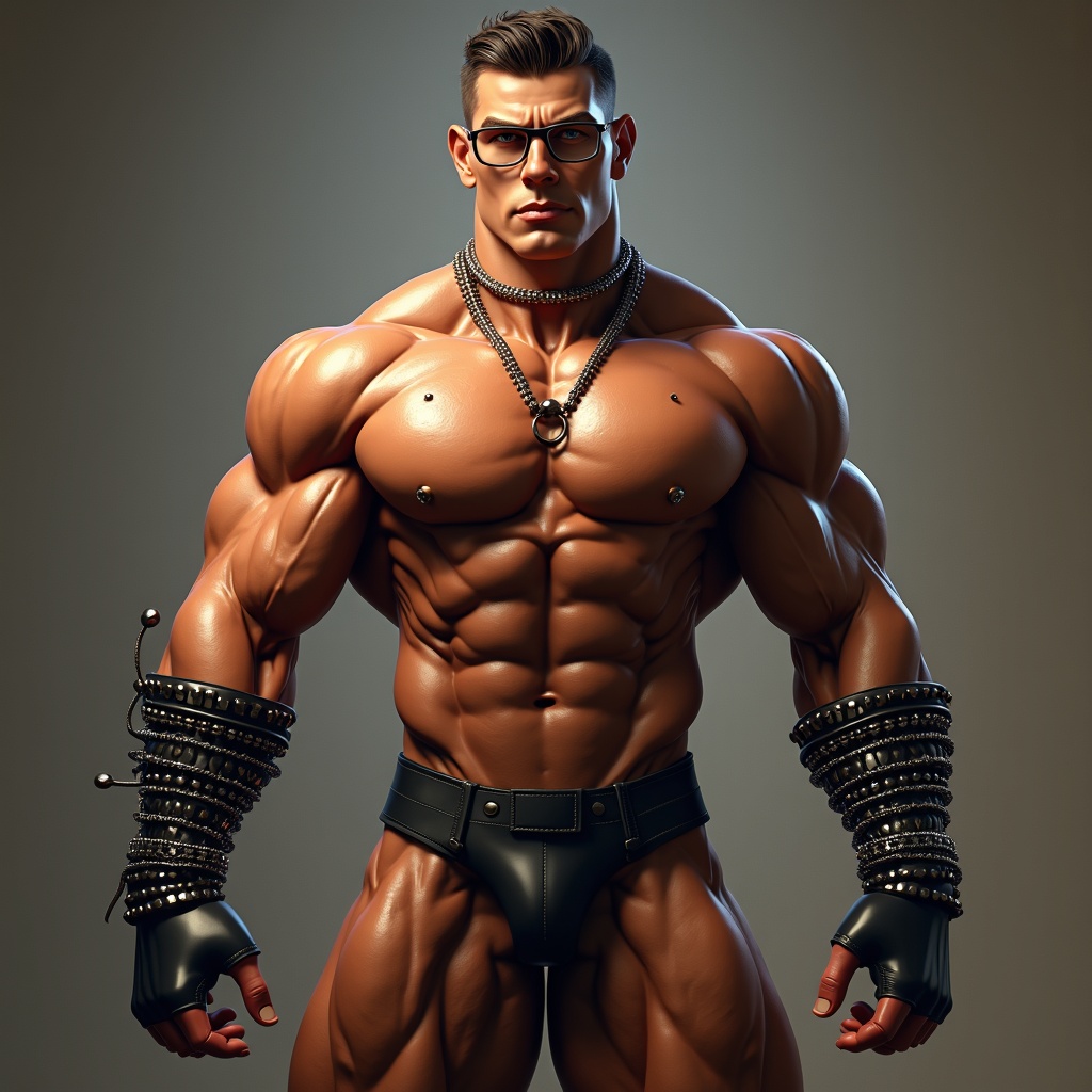AI generated image by FLUX.1: 16K high-quality and hyper detailed 3D Computer Generated Oil Painting Hyper-Masterpiece of a two meters tall androgynous brawny bodybuilding body beast stunning gorgeous barbie babe with an anabolic-androgenic steroids pumped up x-shape meso-endomorph monsterous muscle-bound hardbody physique like highly muscular, shredded figure, extremely lean, perfect defined muscles, chiseled abs, shapely hips, massive muscle separation, zero body fat, extreme vascularity, a shredded sculpted and snatched beastly upper abs plus a flattest shredded sculpted and snatched beastly v-cut abs belly plus anabolic-androgenic steroids incredibly biggest pumped up gigantic busty breasts enlarged with 3000cc plump silicone implants with large teats and an anabolic-androgenic steroids incredibly impressive Bubble butt enlarged with plump silicone implants. She wears wrists with crystal clear rhinestones like six-row bracelets, a neck with crystal clear rhinestones like a seven-row choker, upper arms straps with crystal clear rhinestones like five-row bracelets wearing additionally a black leather bra, a black leather extremely tightest, extremely narrow laced corset around the thinnest wasp-waist, a black leather jockstrap with four black leather garter straps attached with sensual black nylon stockings, black leather thigh-long over-the-knee pleaser platform block boots with eight inches thickest block soles, black leather lower arms long gloves with black leather covered full fingers and black leather covered full thumbs plus a black eyeglass frame with clear lenses. He has a symmetrical, well-proportioned long-sized rectangular-shaped, hottest makeupped chiseled look skin fatless slim defined particularly most perfect, most pronounced, most prominent stunning gorgeous tempting androgynous-like hermaphrodite face with a particularly most perfect, most pronounced, most prominent broad, boxy forehead with particularly most perfect, most pronounced, most prominent supersized large, navy blue, very slanted focused pressed together furious expressive upturned angle upwards, sharp slit monolid six-centimeters-wide hooded eyes plus particularly most perfect, most pronounced, most prominent high-arched thickest swollen neanderthal brow ridges with wrinkles between the at an angle of forty-five degrees upturned angle upwards straight black eyebrows and long, curled false long black eyelashes plus particularly most prominent, most perfect, most pronounced, most furious nastiest look plus broadest, longest particularly most perfect, most pronounced, most prominent nasal bone and bridge of straight nose runs into a particularly most perfect, most pronounced, most prominent sharp pointed nose with widest, flared inflated nostrils in anger plus particularly most perfect, most pronounced, most prominent extreme high pointed cheekbones with leanest cheeks-fat plus a particularly most perfect, most pronounced, most prominent widest mouth with supersized very full, soft-looking voluptuous sensual Bordeaux-red siliconelike upper luscious lip and soft-looking voluptuous sensual Bordeaux-red siliconelike lower luscious lip, between which shine white, perfectly formed teeth in the upper jaw´s teeth and in the lower jaw´s teeth appear, which shows a particularly most prominent, most perfect, most pronounced, most gorgeous, most mind-blowing, most seductive, most cheekiest and most mischievously, brightest, captivating, evilest teeth smirk in nastiest, gloatingly, most cheekiest, plus strongest, sharpest defined strong lower square-shaped masculine jawline with corners and edges with particularly most perfect, most pronounced, most prominent sharply cut angular jaw angles and particularly most perfect, most pronounced, most prominent long and strong lower jaw branch with particularly most perfect, most pronounced, most prominent distinctive broadest sharpest square-shaped angular flat chin with particularly most perfect, most pronounced, most prominent ears and a straw-colored blonde strictly smooth classic ponytail.