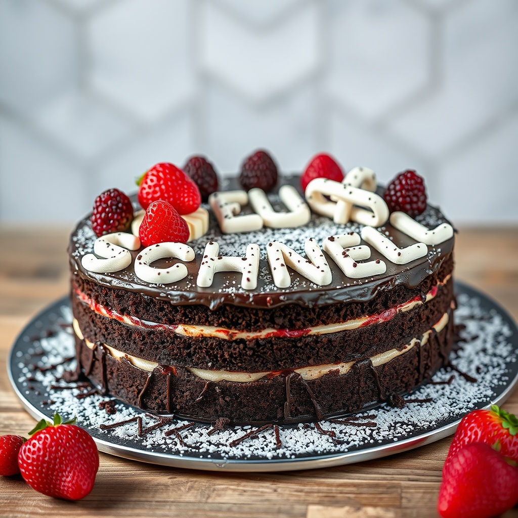 AI generated image by FLUX.1-schnell: black forest gateau cake spelling out the words "FLUX SCHNELL", tasty, food photography, dynamic shot