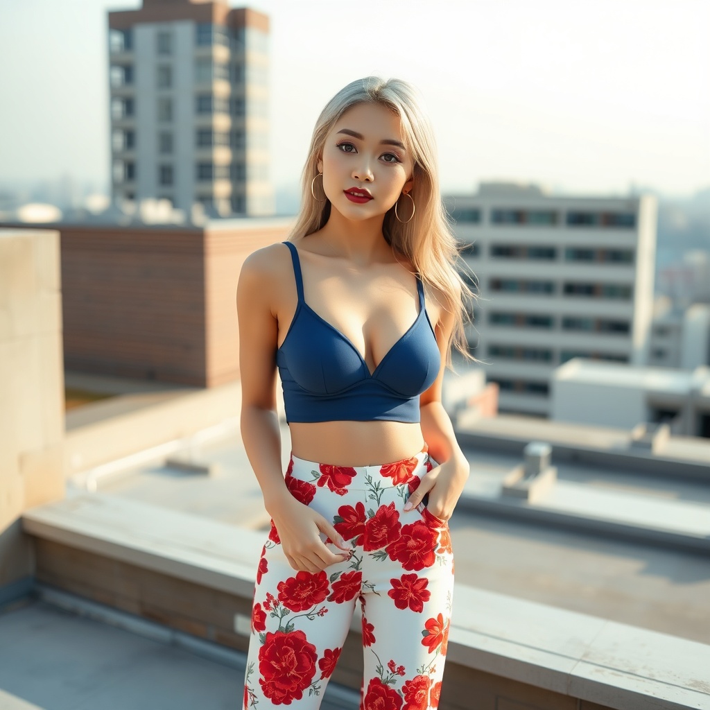 AI generated image by FLUX.1-schnell: Make a picture of  korean young woman who wearing deep blue sports bra with long red floral mixed white suit and wearing red floral mixed white pant. Note : her body is perfect slim, well toned and her cleavage must be revealed and her hair is long with , and silver blonde and she wearing a long white high heel . She is confident. The woman bra shape is round v. She is in a building rooftop in afternoon. Her skin is fair. And her lips is red. She wear a hoop earrings. Note :Make the picture more realistic. She have red eyeliner and red eyeshadow. Her eyes is brown
