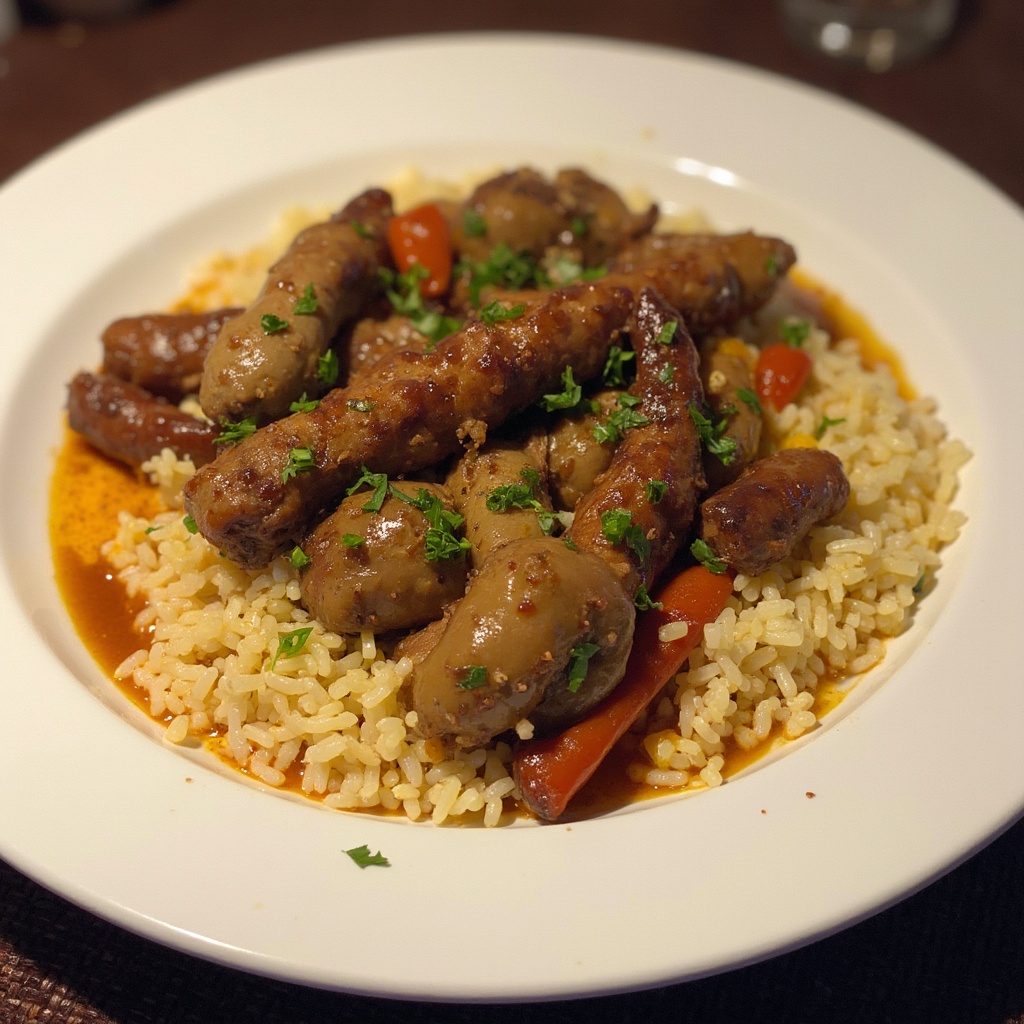 AI generated image by FLUX-Realism-Lora: un plat de couscous à l'agneau et aux merguez sur fond blanc