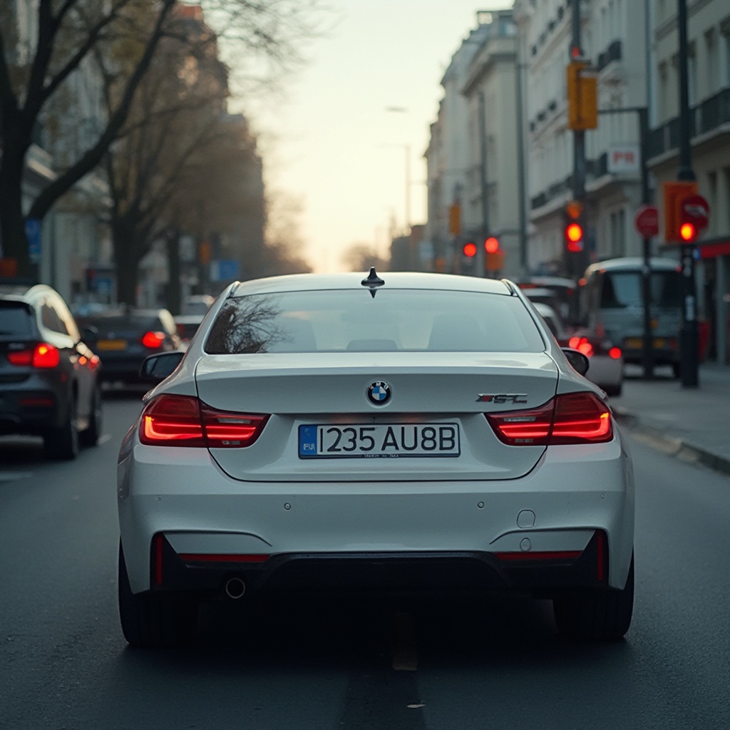 AI generated image by FLUX-Realism-Lora: A BMW car was waiting for the red light at the traffic light. The license plate number was "235 AU8".
