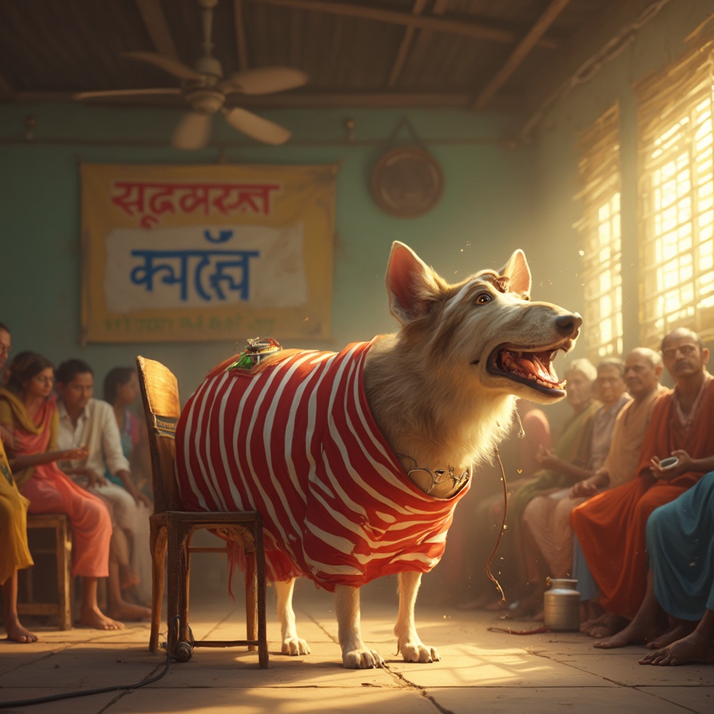 AI generated image by FLUX-Realism-Lora: 🖼️ Image Prompt:

Style: Highly Detailed, Hyper-Realistic, Full HD, Colorful 3D Render

Character Attributes:

Main Character (Dog):

Species: Desi Indian dog (light brown with white patches)

Age: 5 years

Height: 3.5 feet on hind legs

Build: Very fat, with a big round stomach bulging outward

Clothing: Red and white striped torn chaddi with an old political party logo printed

Expression: Aggressive, eyes wide open, ears standing, teeth gritting slightly as he grabs the mic


Supporting Characters (Villagers):

Mixed age: 20–60, shocked expressions

Clothing: Kurta-pajamas, sarees, some with gamchas, all brightly colored



Environment:

Location: Village Panchayat Hall

Background Elements:

Wooden benches, dusty tiled floor, hanging ceiling fan spinning slowly

Banner on wall says “ग्राम सभा - स्वच्छ भारत मिशन” in faded paint

One plastic water jug placed on the side

Dust particles floating in sunlight beams from window slats



Lighting & Camera Angle:

Lighting: Afternoon sunlight coming from right window, casting warm yellow glow on floor

Camera Angle: Slight low angle from behind crowd, focusing on the dog lunging towards mic from a wooden chair

Focus Depth: Shallow focus — dog and mic sharply focused, crowd slightly blurred

