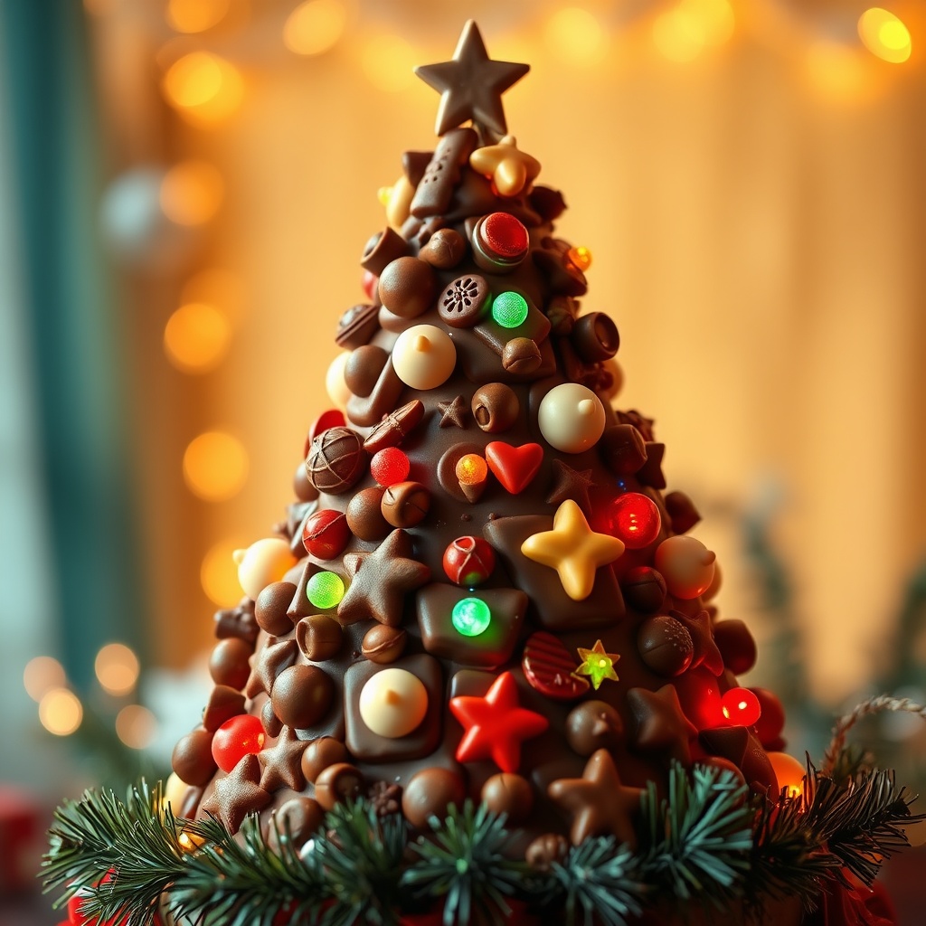 AI generated image by FLUX.1-schnell: A animation and festive chocolate Christmas tree with colorful lights and ornaments. The tree is crafted entirely from chocolate, with textures that represent dark, milk, and white chocolate. The branches are detailed, adorned with small chocolate stars, bells, and other decorations. The warm background enhances the cozy holiday atmosphere, with gentle lighting highlighting the glossy and matte finishes of the chocolate. The scene radiates joy and warmth, perfectly embodying the spirit of Christma. with face and so happy and life cute, so so cute
