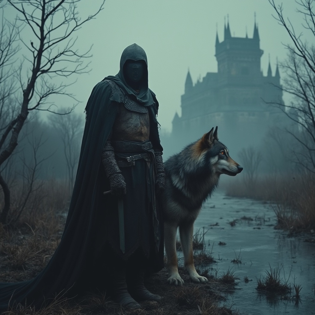 AI generated image by FLUX.1: MAKE THE FOLLOWING PROMPT IN A MEDIEVAL and 1980's RETRO STYLE: "A dark, weathered knight clad in battle-worn blackened armor stands solemnly in an eerie marshland at dusk. His cloak, tattered and damp, billows in the cold, whispering wind. Beside him, a massive wolf with piercing amber eyes and a coat streaked with silver and shadow stands alert—fierce yet devoted, exuding loyalty and raw power. In the misty distance, a towering, ancient castle looms, half-shrouded in fog, its jagged spires silhouetted against a brooding overcast sky. The murky marsh reflects twisted trees and glimmers of fading light, casting an otherworldly glow across the hauntingly beautiful landscape."