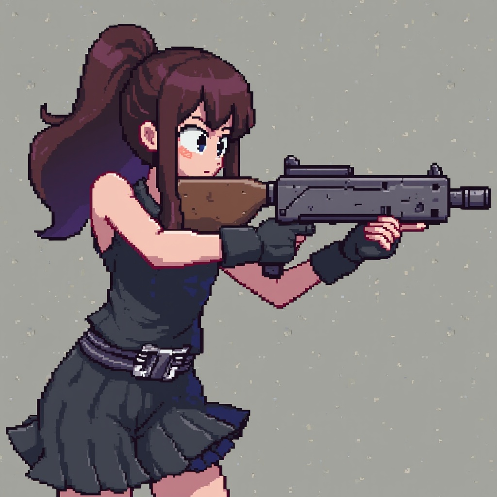 AI generated image by FLUX.1: low-resolution pixelart girl aiming her blaster for an arm