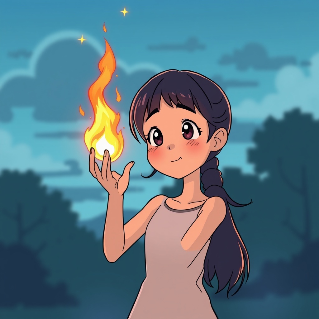 AI generated image by FLUX.1-schnell: A girl snaps her fingers and creates a beautiful fire in front of her. Animated
