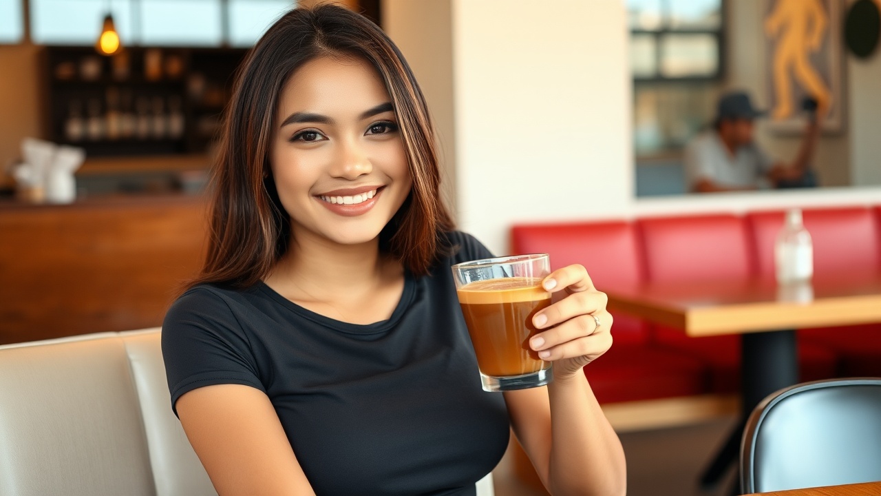 AI generated image by FLUX.1-schnell: a beautiful Indonesian woman in a tight fitness t-shirt, full body, sitting in a cafe smiling looking at the camera while holding a clear glass cup containing brown late coffee