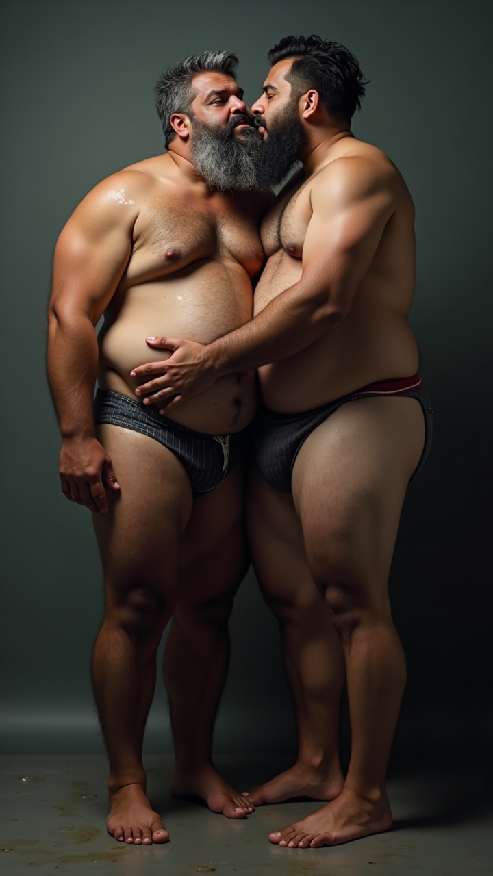 AI generated image by FLUX.1: Danny who is a big pot bellied, obese, dark skinned, hairy, grey haired, lustful, macho, matured hairy dark Tamil alpha male math teacher with thick eyebrows, full plump lips, thick beard and very big beefy and muscular chests is holding Tommy, a stocky student. Danny and Tommy are having a secret affair after class. Both Danny and Tommy are completely naked without clothes on and wet all over. Tommy is caressing Danny's masculine, hairy, big, fat, dark skinned pot round belly with a big belly button. Danny's dark skinned big hairy belly has a big round belly button that is deep. Danny also has fat beefy thighs and big feet. Danny is hugging Tommy very close with both his big strong arms and is spitting a lot of wet strands of saliva with in Tommy's wide open mouth who is sticking his tongue out for Danny. The saliva runs down all over Danny's beard, his big hairy belly, thick thighs and his thick feet. Danny has a thick, erect penis with  low hanging scrotum which is drenched in saliva.
