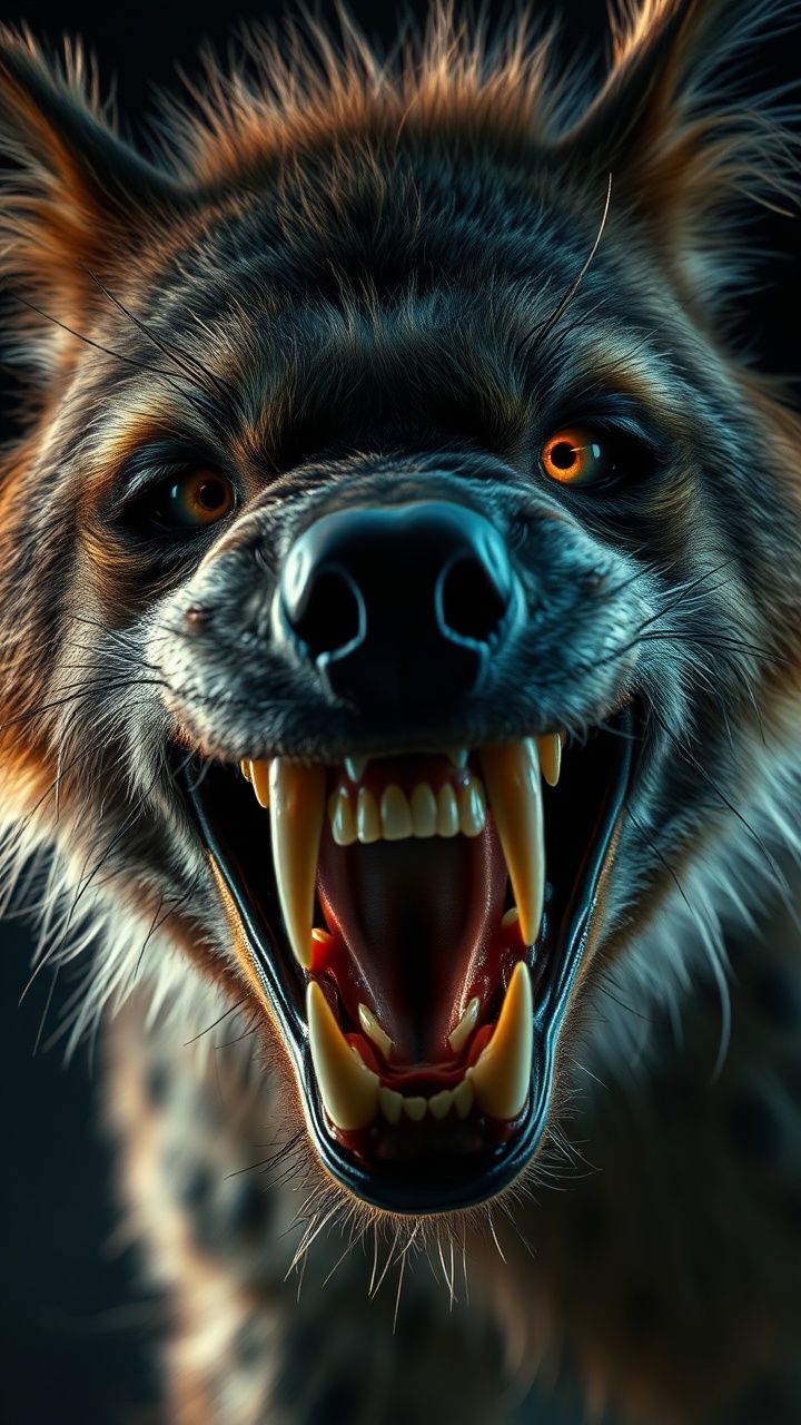 AI generated image by FLUX.1-schnell: A hyper-realistic cinematic image of a wild hyena, sharp teeth bared in a wicked grin, scruffy fur bristling, glowing eyes filled with primal aggression.
