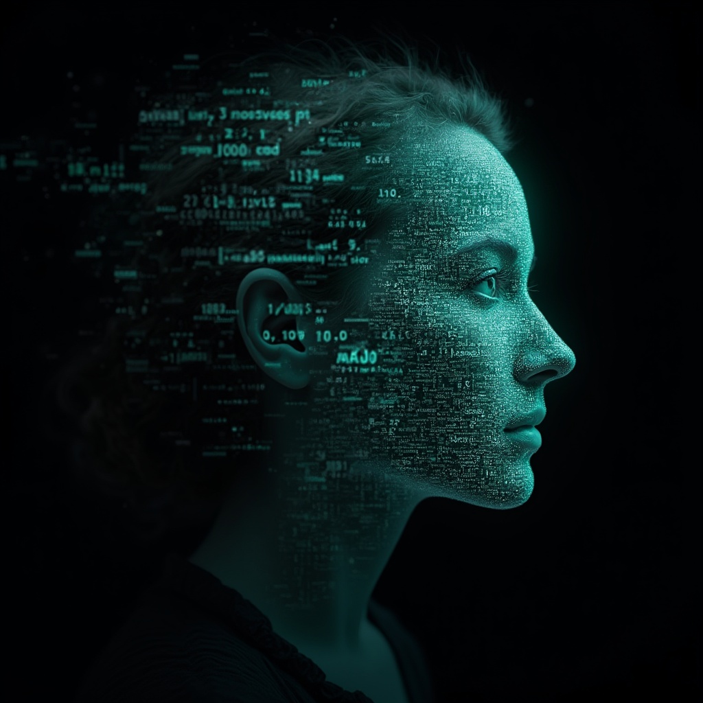 AI generated image by FLUX-Realism-Lora: Emmy Noether's face as a digital mask made from thousands of bright turquoise numbers and formulas forming her face. (she has a roundish face is 45 years old and has long hair which is made into a plait) The formulas and numbers fly behind the mask leaving a trail of complexity. The mask is floating dynamically in mid air. Her head is turned to the right but her eyes are looking directly into the camera. The mask is on a black background. Like a png with black only background. Photo realistic, sci-fy