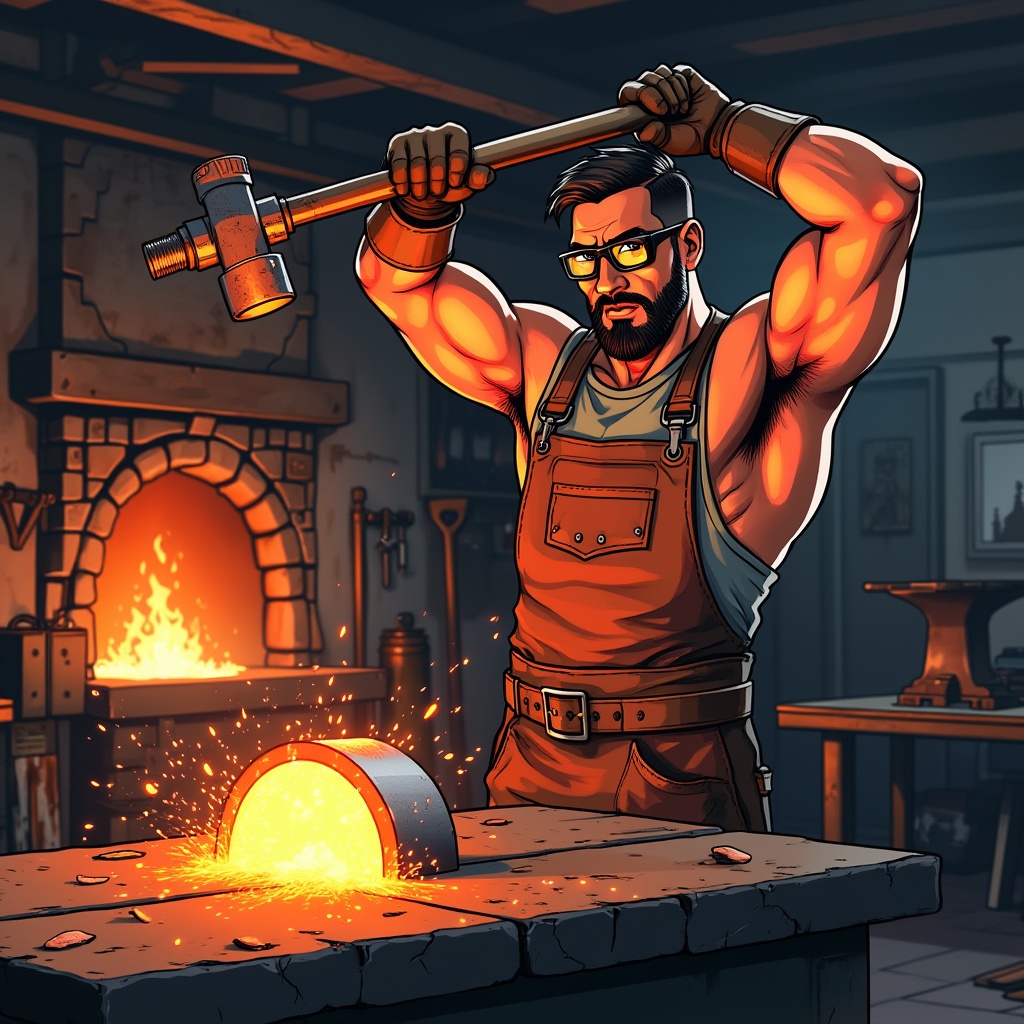 AI generated image by FLUX.1-pro: 
Illustrate a scene of a blacksmith forging a metal flange in a traditional steel forge. The man is muscular and focused, wearing a leather apron, gloves, and safety goggles. His arms are raised as he hammers down onto the heated metal flange, which glows a bright orange-red from the heat. Sparks fly from the impact, illuminating his determined expression. The forge behind him emits a warm, fiery glow, with tools, anvils, and other pieces of metalwork scattered around the workshop. The background is dimly lit, contrasting with the intense brightness of the forge fire and the glowing metal.