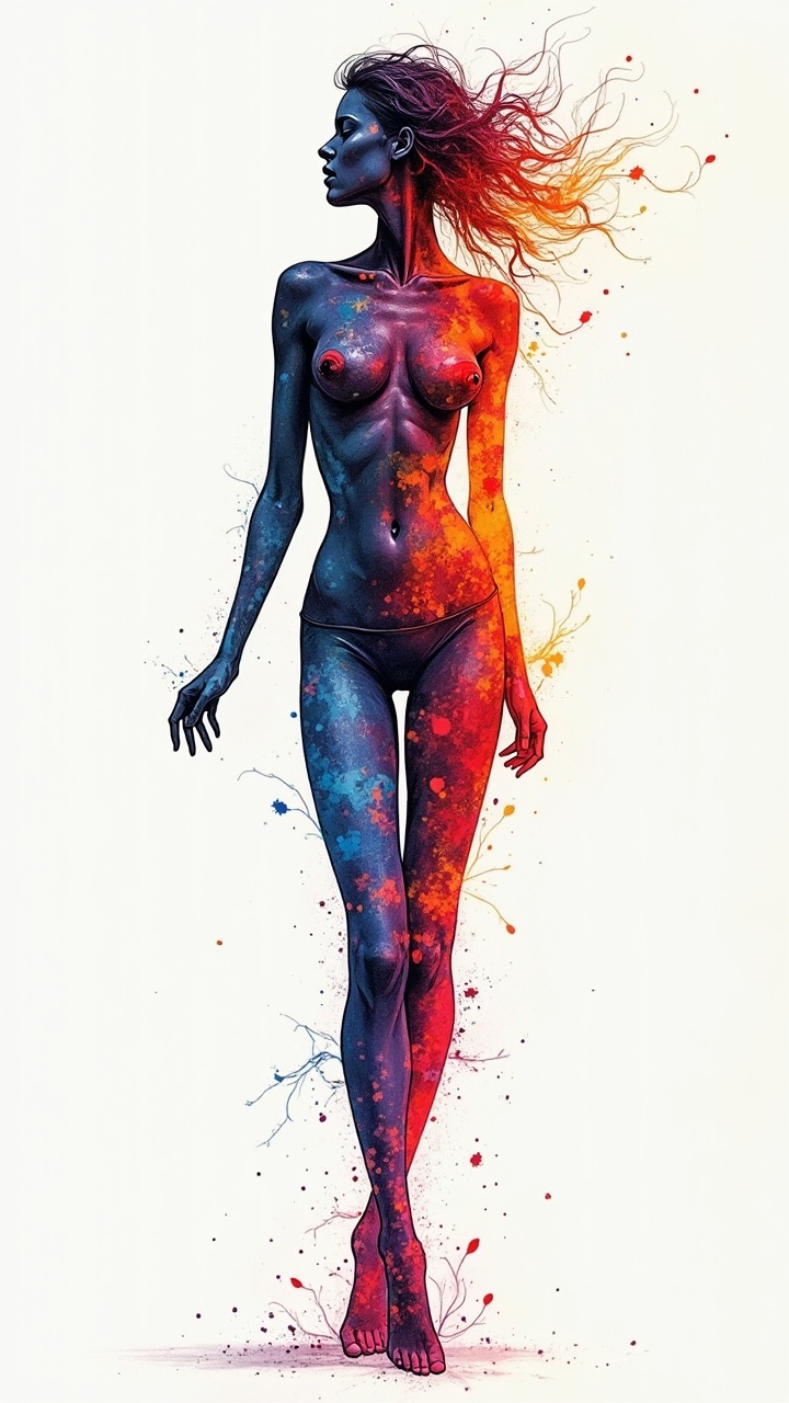 AI generated image by FLUX.1: thin, fine fractal glossy vivid colored ink sketch shiny contours outlines of a perfect physique female silhouette
