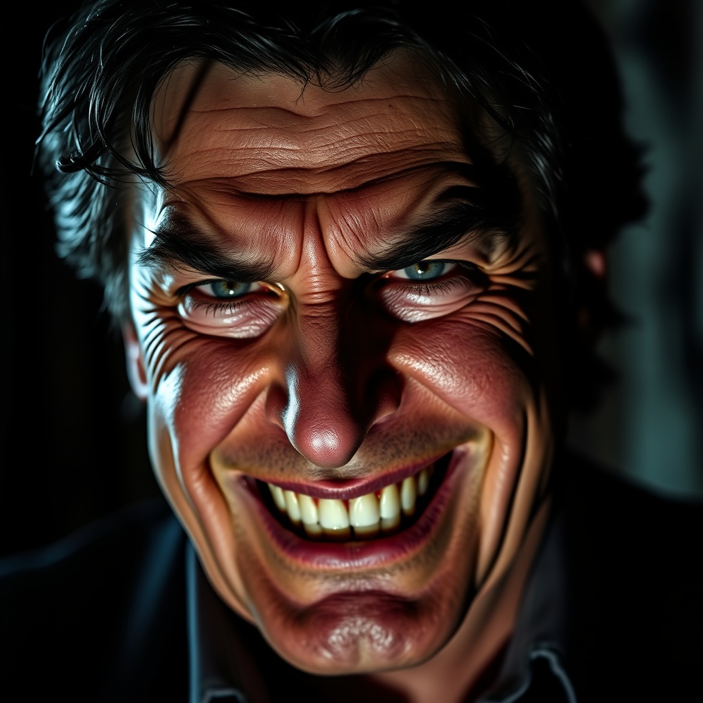 AI generated image by FLUX.1-schnell: A sinister-looking Robert Habeck, slightly unkempt dark hair, smirking malevolently in a close-up shot. His eyes glint with a mix of cunning and amusement, deep wrinkles forming around his narrowed gaze and mouth. The lighting is dramatic, casting strong shadows that enhance the intensity of his expression. The background is dark and blurred, focusing all attention on his wicked laughter.