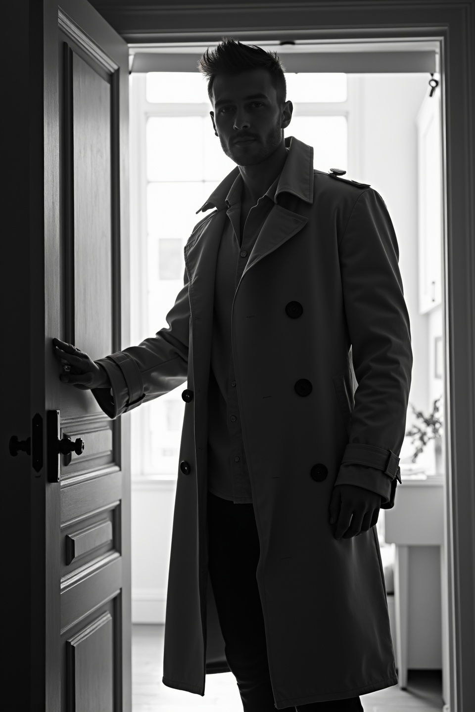 AI generated image by FLUX.1-image-to-image: black-and-white photo with the backlit dark silhouette of a handsome broad-shouldered man in a trench coat standing in a doorway coming and looking to camera. 
The man touching the door, as if he just entered the room. God rays. Backlight 