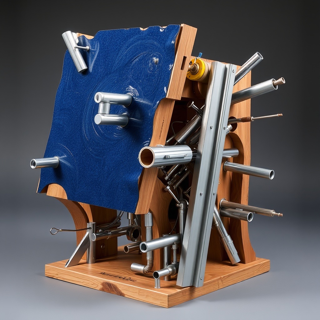AI generated image by FLUX.1-schnell: crazy sculpture made from wood with dark blue linoleum surface, aluminum extrusions, and stainless steel parts.