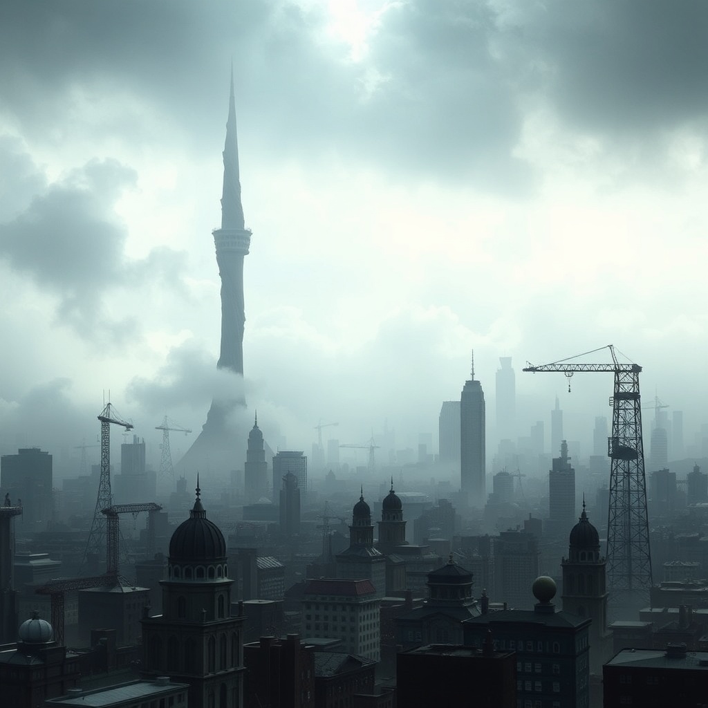 AI generated image by FLUX.1-schnell: As you approach Blackthorn, a sprawling metropolis looms before you, its skyline dominated by the ancient, foreboding spire of Midnight Tower, which rises like a twisted dagger into the fog-choked sky. The air itself is heavy with soot, salt, and a constant, low hum of industry—the grinding gears and hammering metal that define the city’s relentless march toward progress.