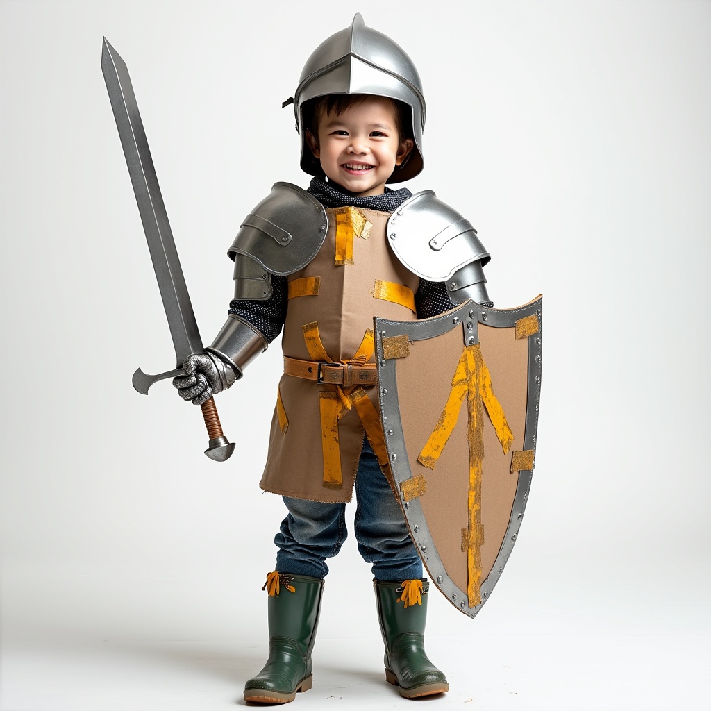 AI generated image by FLUX.1-pro: A photorealistic image of a young child with white skin, standing proudly and smiling in a creative, homemade costume made entirely from DIY store materials. The costume includes a cardboard chest plate, duct-taped shoulder armor, a plastic bucket helmet with cut-out visor, and a makeshift sword made from PVC pipes and aluminum foil. The child wears gardening gloves as gauntlets and rubber boots 
The costume is slightly rough but full of creativity, showing visible tape, paint, and hand-crafted details, giving it a charming DIY feel. The child has a joyful and confident expression, standing in a proud knightly stance, excited for the school party tomorrow.
The background is completely white, making the image clean and professional while focusing on the child and their homemade armor. The lighting is soft and even, enhancing the realistic and high-quality photography effect. The image should be ultra-realistic, capturing every detail of the materials, facial features, and textures to create a charming, lifelike scene

