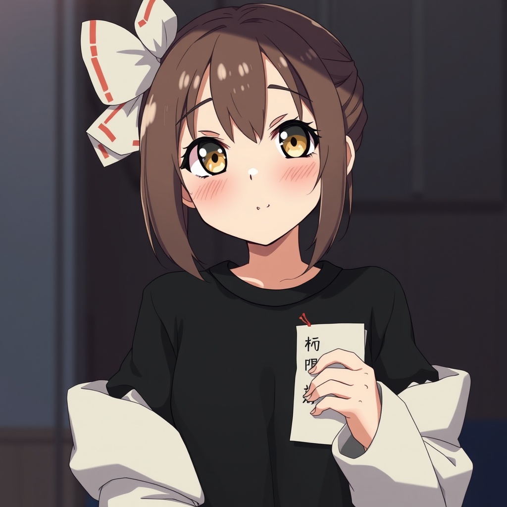 AI generated image by FLUX.1-schnell: Нарисуй: : девушка предположительно 14 лет в аниме в стиле с темными волосами и карими глазами, довольно милую и миниатюрную, которая одета в черную футболку и ещё она держит бумажку с надписью komaru 