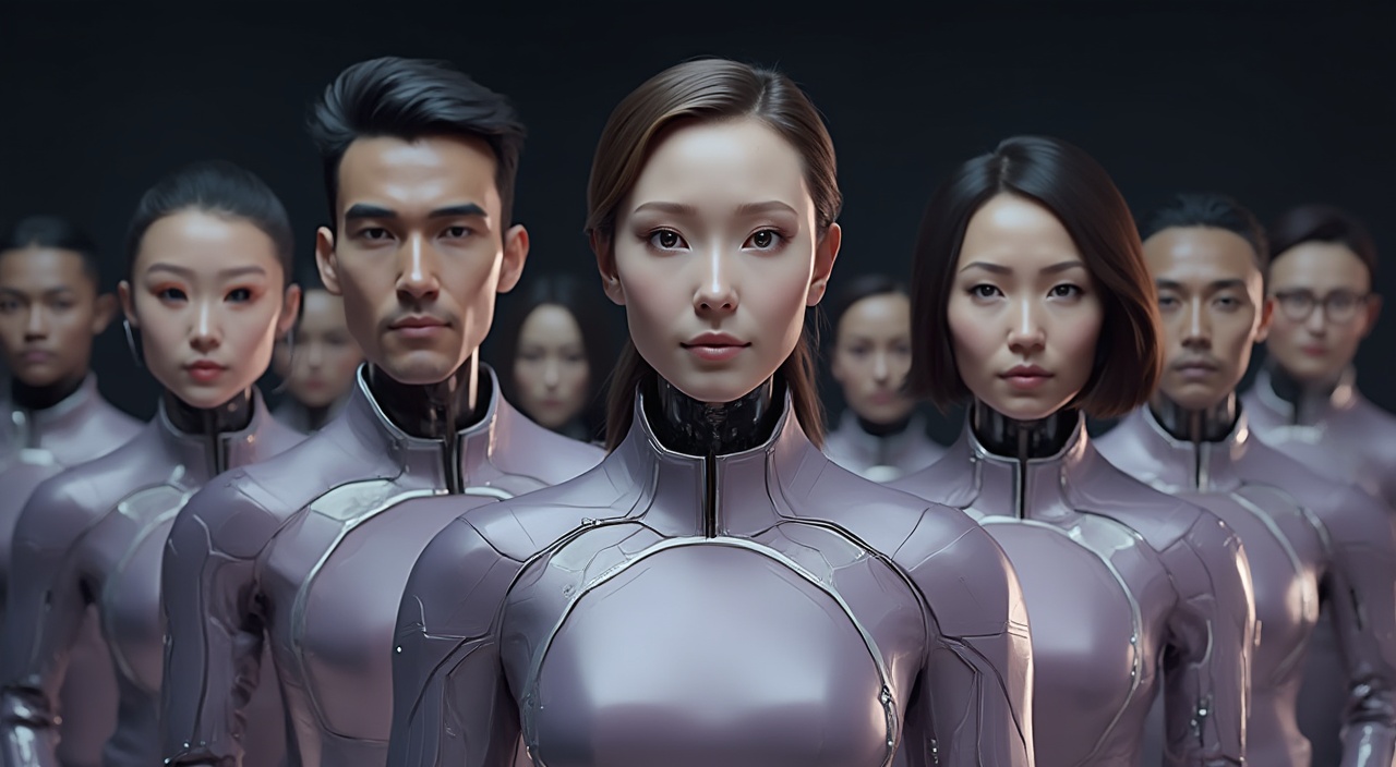 AI generated image by FLUX-Realism-Lora: A photorealistic image of a professional team of humanoid robots with human heads, designed for a futuristic and approachable “Contact Us” section of a website. Each humanoid has a unique human head, ensuring diversity with men and women of different ages and ethnicities. The faces are highly detailed, with natural skin textures, expressive eyes, and visible hair that seamlessly integrates with their robotic forms. Make sure that man is on the front line 

They are standing in a group formation, positioned slightly behind each other, creating a professional and dynamic team structure. Their android bodies have a sleek, modern design, with smooth metallic plating and subtle technological elements.

The team members are dressed in elegant, lightly purple uniforms, blending futuristic fashion with professionalism. The uniforms have subtle metallic accents, high-tech seams, and an ergonomic fit, symbolizing trust, innovation, and assistance.

The background is dark and modern, with a clean, minimalistic aesthetic and soft lighting. It may include elements like a futuristic office, digital holograms, or a clean white tech-space, ensuring the team looks inviting, high-tech, and ready to assist.

The composition conveys warmth, intelligence, and professionalism, making the team feel both highly advanced and approachable. Each humanoid team member has a unique expression, looking directly at the viewer as if they are ready to help. The image should be ultra-realistic, with sharp details, lifelike facial textures, and high-tech aesthetics, ensuring a premium and futuristic corporate identity