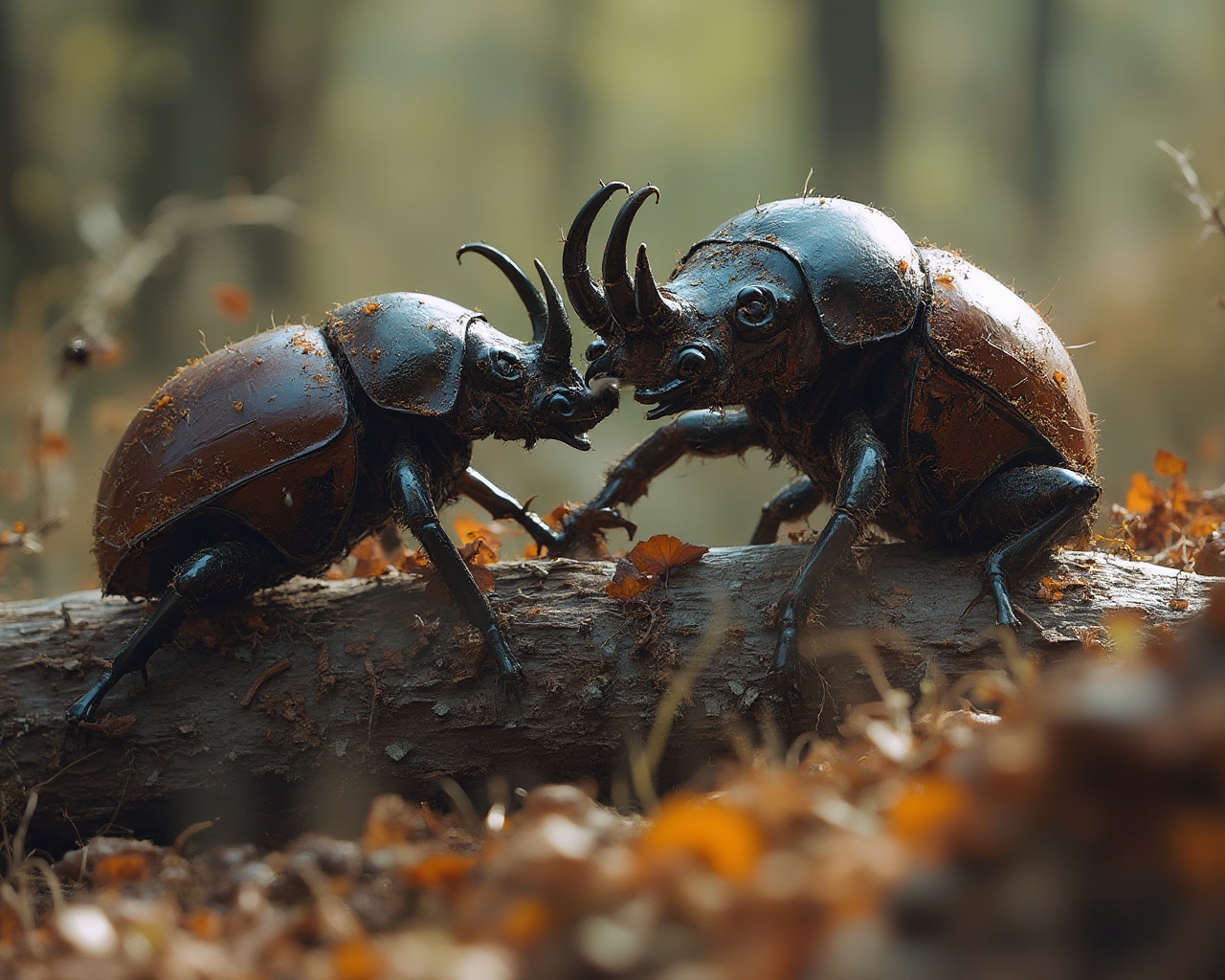 AI generated image by FLUX-Realism-Lora: a rhinoceros beetle fighting with another. Lot of details, high quality, 15k, Close-up view. Beetles an a fallen tree log
