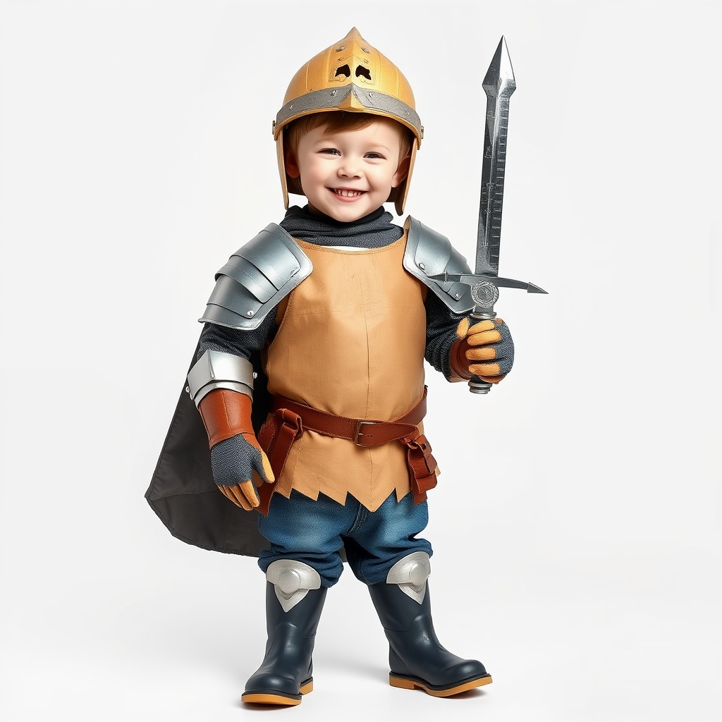 AI generated image by FLUX.1-schnell: A photorealistic image of a young child with white skin, standing proudly and smiling in a creative, homemade medieval knight costume made entirely from DIY store materials. The costume includes a cardboard chest plate, duct-taped shoulder armor, a plastic bucket helmet with cut-out visor, and a makeshift sword made from PVC pipes and aluminum foil. The child wears gardening gloves as gauntlets and rubber boots as medieval footwear.

The costume is slightly rough but full of creativity, showing visible tape, paint, and hand-crafted details, giving it a charming DIY feel. The child has a joyful and confident expression, standing in a proud knightly stance, excited for the school party tomorrow.

The background is completely white, making the image clean and professional while focusing on the child and their homemade armor. The lighting is soft and even, enhancing the realistic and high-quality photography effect. The image should be ultra-realistic, capturing every detail of the materials, facial features, and textures to create a charming, lifelike scene