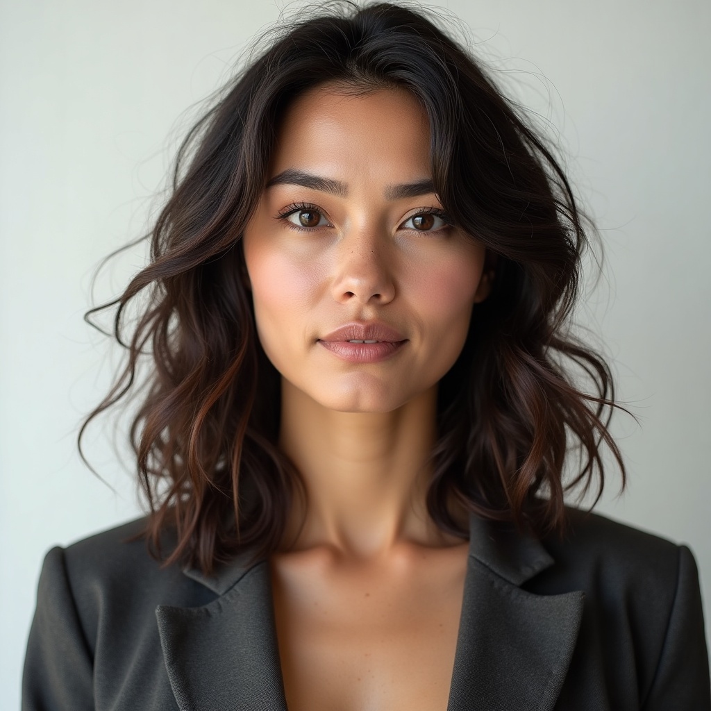 AI generated image by FLUX.1-image-to-image: Use the uploaded reference image as the strict identity and character reference. Preserve the person's exact facial identity, facial structure, proportions, eye shape and color, nose, lips, cheekbones, jawline, chin, natural skin tone, hair color, hair texture, hairstyle, body proportions and overall appearance.

Create a highly photorealistic professional character reference photograph of the same person as a real human being.

The subject is standing naturally and facing the camera, with a relaxed neutral expression, natural posture and direct eye contact. Show the person clearly from approximately the waist up, centered in frame, with enough space around the body and head.

Clean minimalist professional photography studio. Seamless matte off-white background in very light neutral white and warm-white tones, completely plain and unobtrusive, with no visible objects, furniture, decorations, texture or environmental elements.

Natural daytime illumination entering through a large studio window, combined with extremely soft, broad diffused fill light. Bright but gentle exposure. Very even illumination across the face and body. Soft natural shadow transitions underneath the chin and around the facial contours. Extremely low contrast, balanced exposure, neutral white balance, realistic daylight color response, natural skin tones.

The image should look like an authentic photograph taken during daytime in a professional casting studio, not a fashion editorial and not a cinematic portrait.

Extremely realistic human skin: visible natural pores, fine skin texture, subtle tonal variation, tiny imperfections, realistic subsurface scattering, natural facial asymmetry and authentic human complexion. Do not make the skin unnaturally smooth or airbrushed.

Extremely realistic hair: individual strands clearly separated, natural flyaway hairs, believable density, realistic curls and frizz, physically accurate hair texture and natural daylight highlights.

Realistic eyes with physically accurate iris detail, subtle moisture on the eyes and natural reflections from the large studio window.

Natural human anatomy and physically plausible proportions. Real fabric behavior and realistic material texture.

Professional full-frame digital photography, 85mm portrait lens, approximately f/5.6, ISO 100, accurate optical rendering, extremely sharp facial detail, natural depth of field, high dynamic range, realistic exposure, true-to-life color reproduction.

The final image must look indistinguishable from a real photograph of a real person taken in a professional daylight studio. Clean, neutral, documentary-quality realism. No artistic interpretation. No stylization. No beauty retouching. No glamour photography. No dramatic lighting. No color grading.