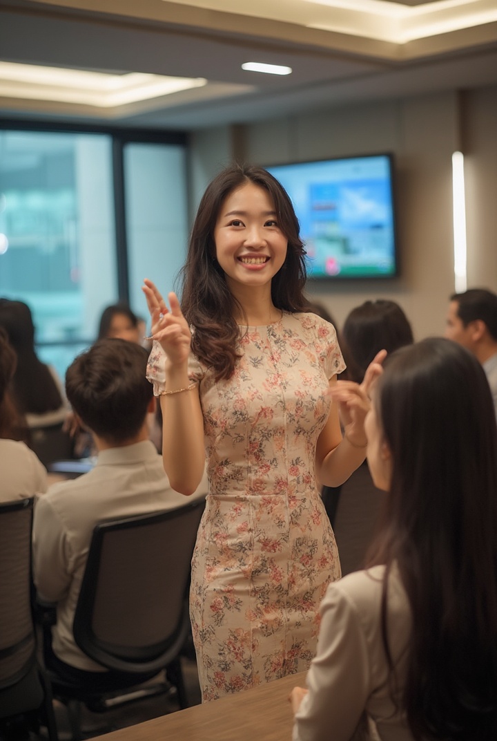 AI generated image by FLUX-Realism-Lora: Generate a full-body image of a beautiful Chinese girl with typical Chinese features. She is standing in a training room giving a presentation, with her hand raised, pointing towards a screen behind her. She has kind, gentle eyes and is smiling warmly. She is wearing a beige floral dress. The camera shows her from the front, capturing her full body. The room has many chairs with audience members sitting, and the audience’s backs are visible in the image. The girl is confidently yet gently addressing the audience with a raised hand, as if explaining something important on the screen.