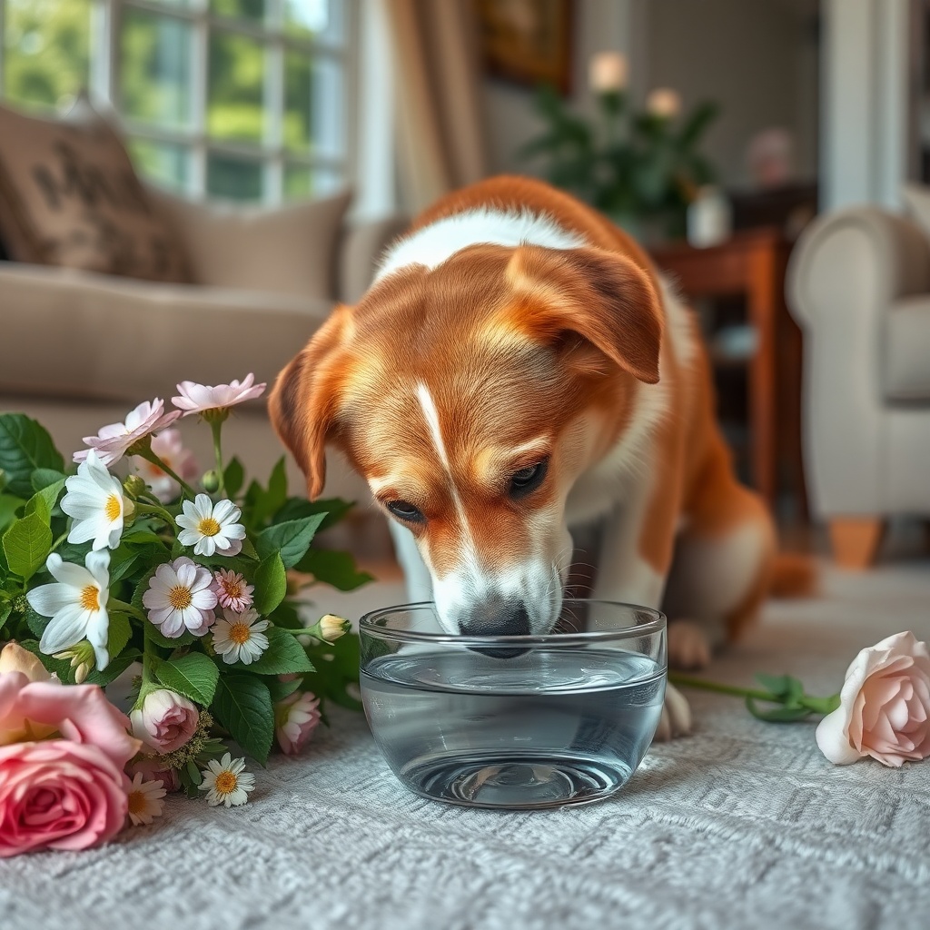 AI generated image by FLUX.1-schnell: a dog drinking water surrounded with bunch of flowers. It is in the living room of cozy house. 