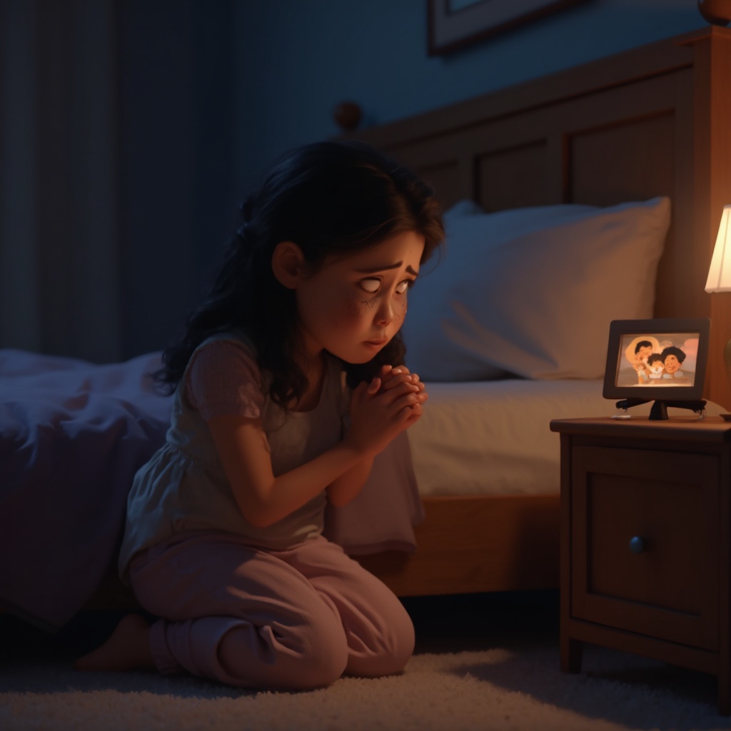 AI generated image by FLUX-Realism-Lora: A Hispanic mother kneeling beside her bed at night, hands clasped in prayer, soft tears on her face, warm light, photo of her children on a nightstand, Pixar 3D style, peaceful atmosphere.